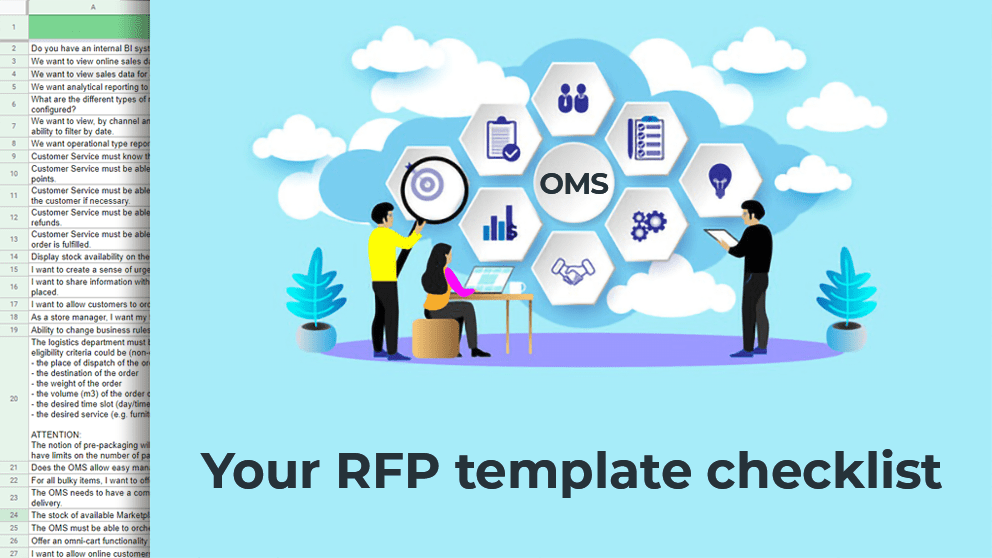 The image is titled 'Your RFP template checklist' and shows an illustration of three people reviewing different aspects of a business with OMS at the heart of it. To the lefthand side, a preview of the checklist is shown in a Microsoft Excel or Google Sheets format.