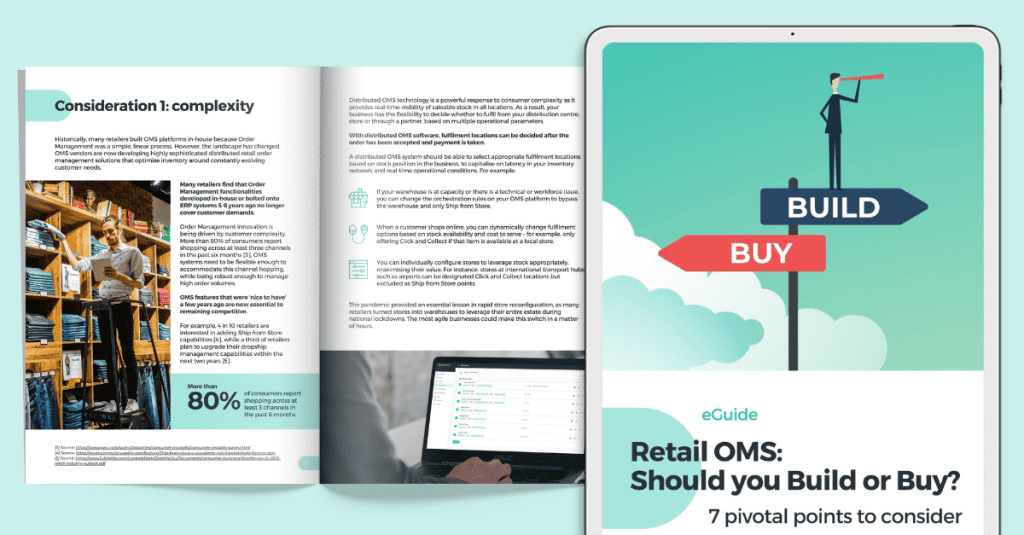 A tablet showing a digital copy of the eGuide titled, 'Retail OMS - Should you Build or Buy? 7 pivotal points to consider' with a double-page preview of the contents showing key considerations, including the complexity of implementation.